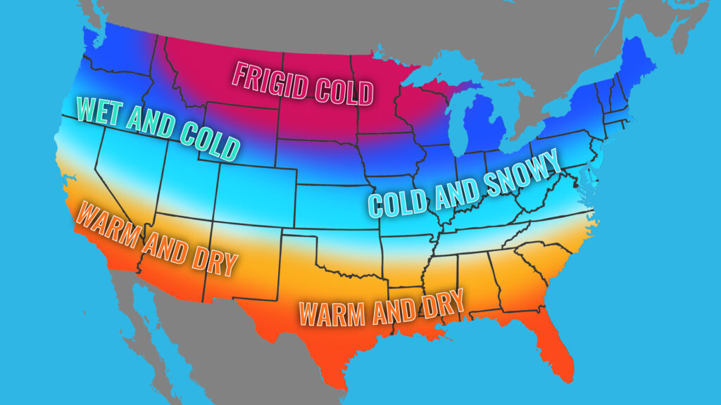 A graphic of a map showing where to expect cold and warm weather in the United States this La Nina season