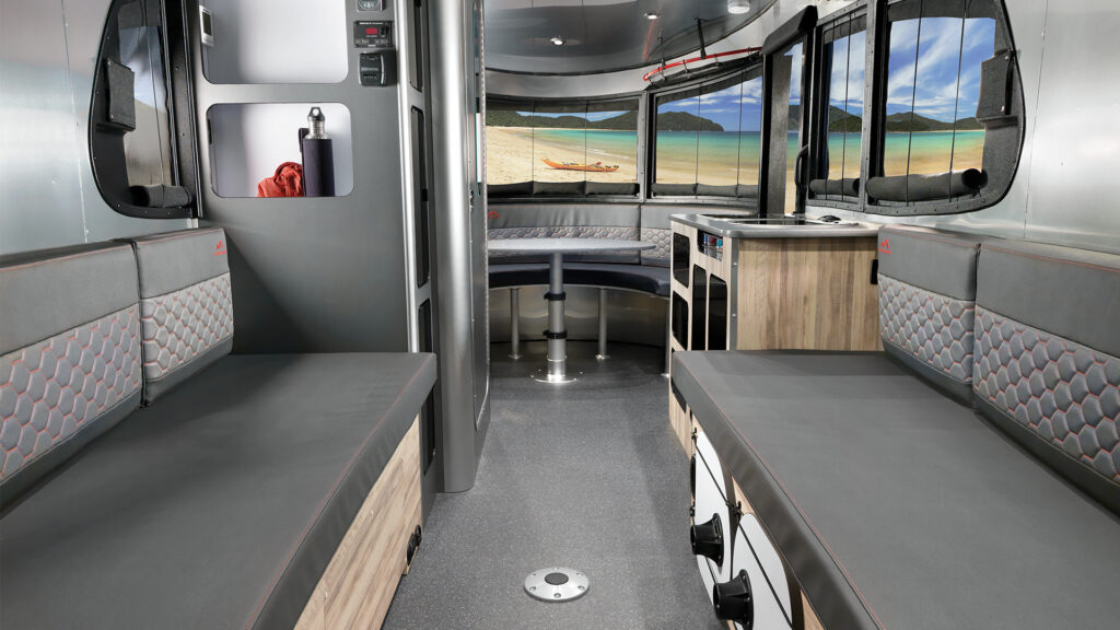 The interior of the Airstream Basecamp 20 has more storage space and slightly more room than the other model.
