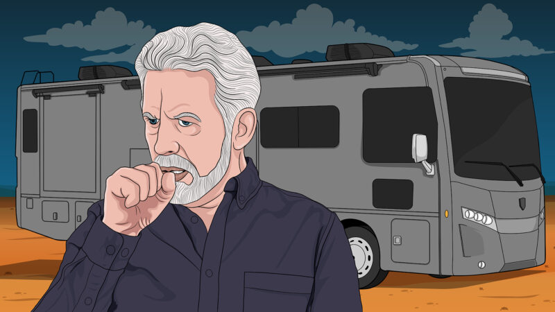 Cartoon drawing of a older man coughing into his hand with his RV in the background