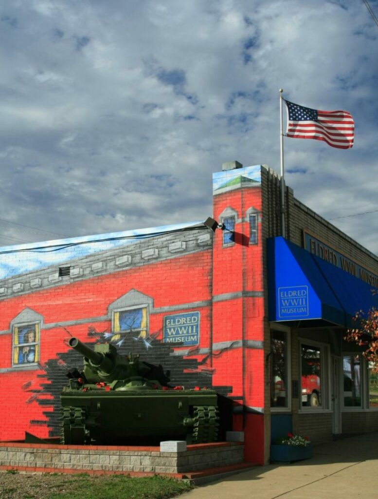 The World War II Museum building is painted on the outside to look like a red historical building in Eldred, Pennsylvania
