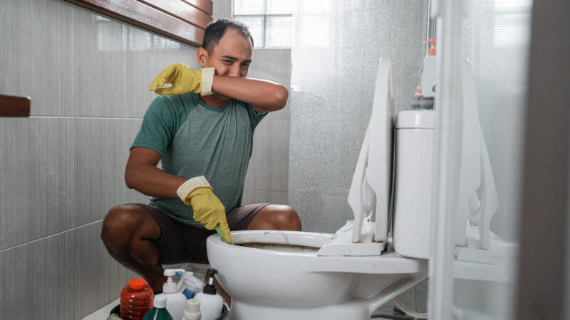 A man is horrified by the stink of his toilet while trying to clean it.