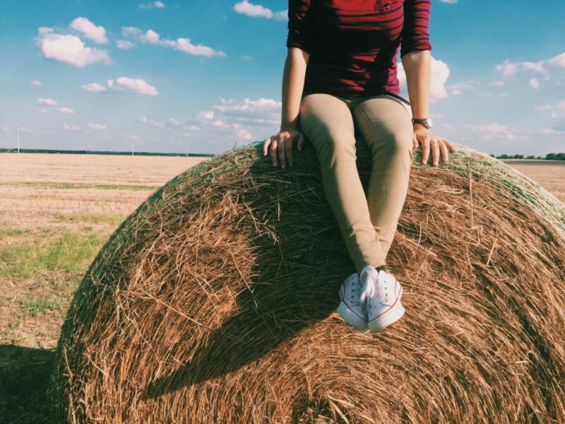Sitting on a large hay bale in a field in Texas