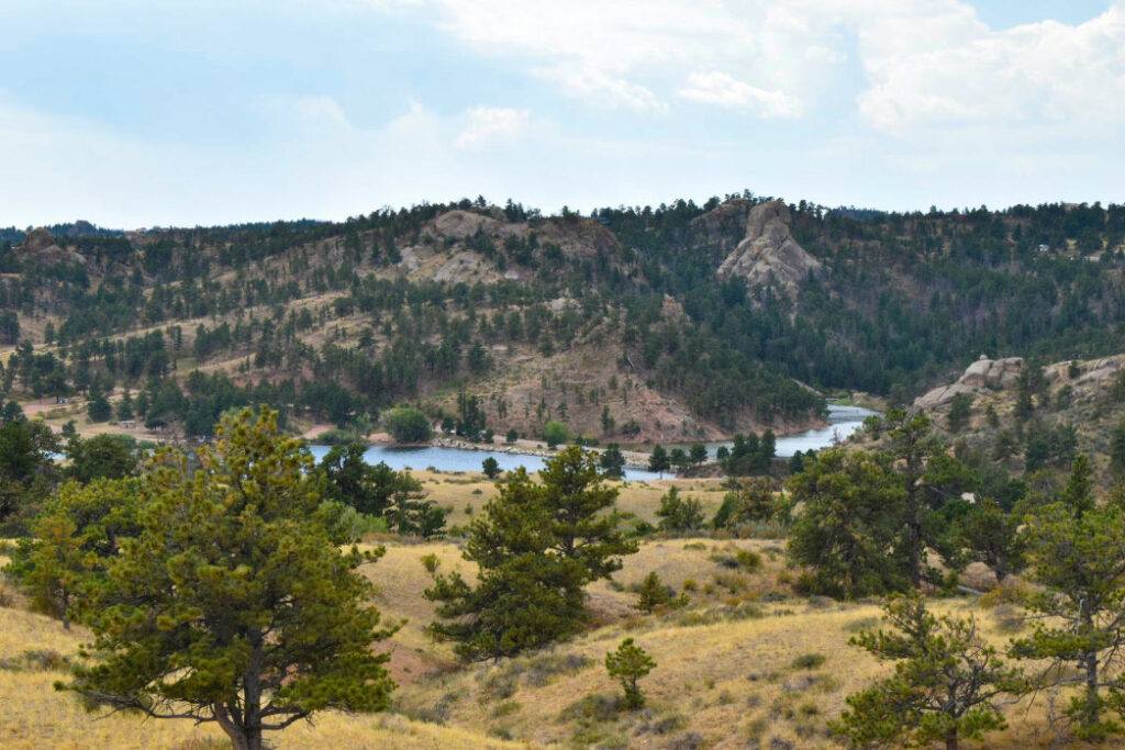 View over the landscape and river at Curt Gowdy State Park in Wyoming.