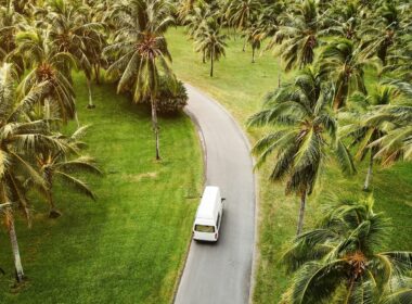 High angle view of a small camper driving through a tropical landscape