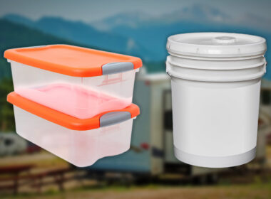 Tight-sealing bins and a five gallon bucket with a lid make great storage solutions for an RV sewer hose.