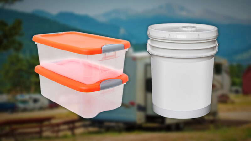 Tight-sealing bins and a five gallon bucket with a lid make great storage solutions for an RV sewer hose.