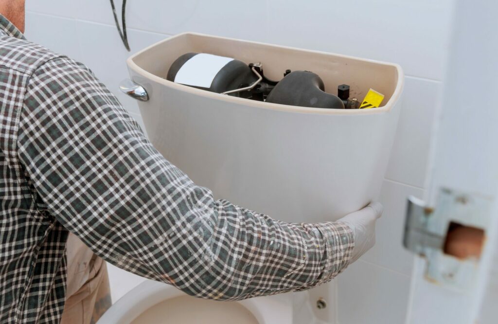 Man repairing toilet in bathroom