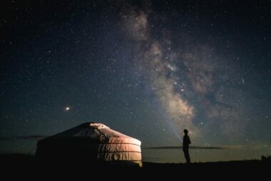 Remote camping in a yurt under the Milky Way galaxy