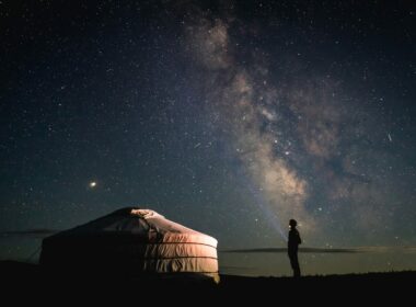 Remote camping in a yurt under the Milky Way galaxy