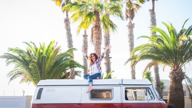 A middle aged woman sit on the top of her camper van with her arms up in excitement in front of a grove of palms trees.