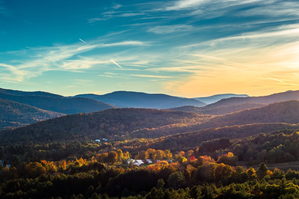 Golden hour over the hills and mountains of Vermont
