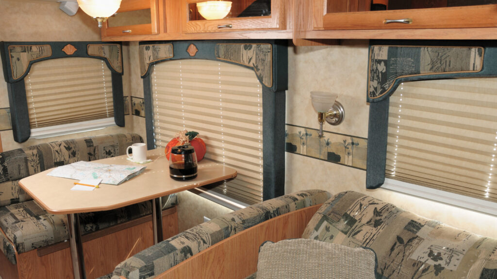 RV pull down blinds that block the light are essential to make your space private and more homey.