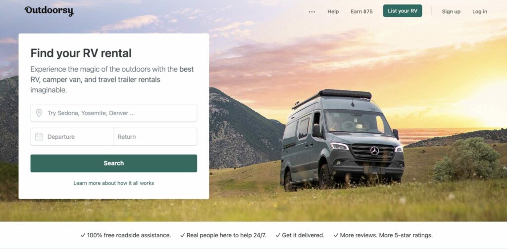 The outdoorsy website page front that helps you find peer to peer rv rental.