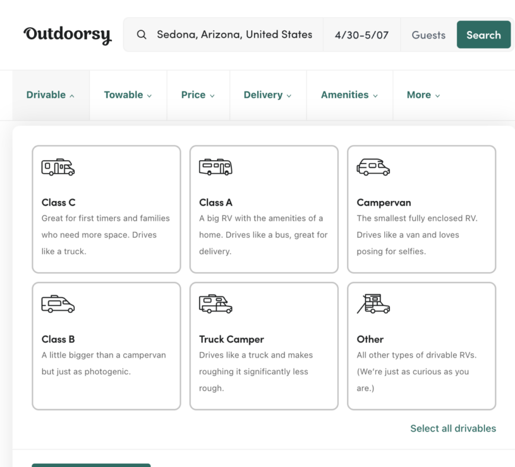 A page from the outdoorsy rental website that shows the different type of campers you can filter from to rent.