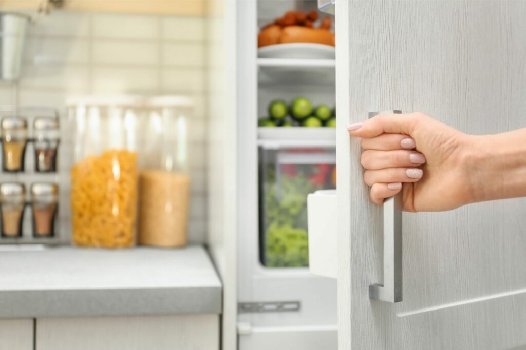 A woman opens the door to a refrigerator.