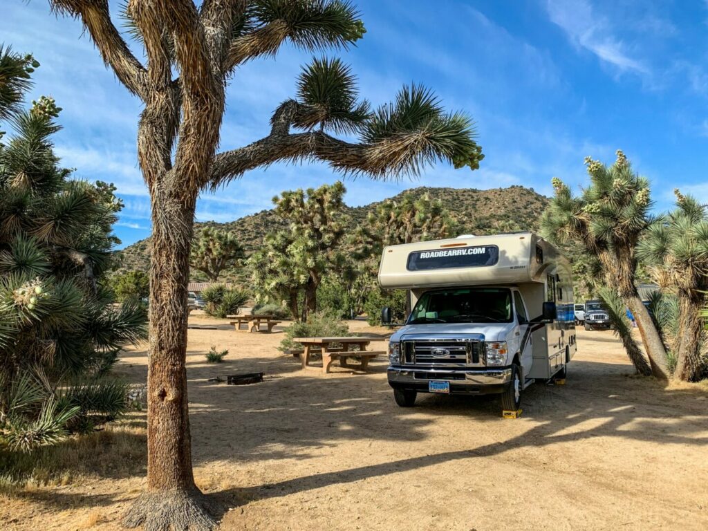 A motorhome camping in Joshua Tree National Park in California.