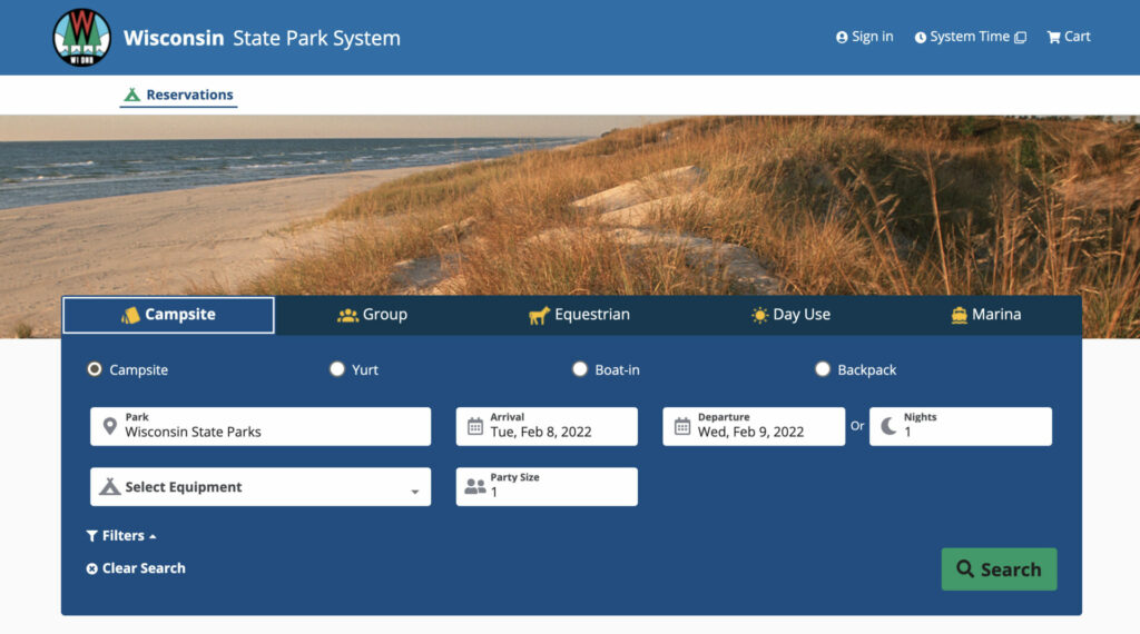 The webpage for the Wisconsin state parks camping reservations page.