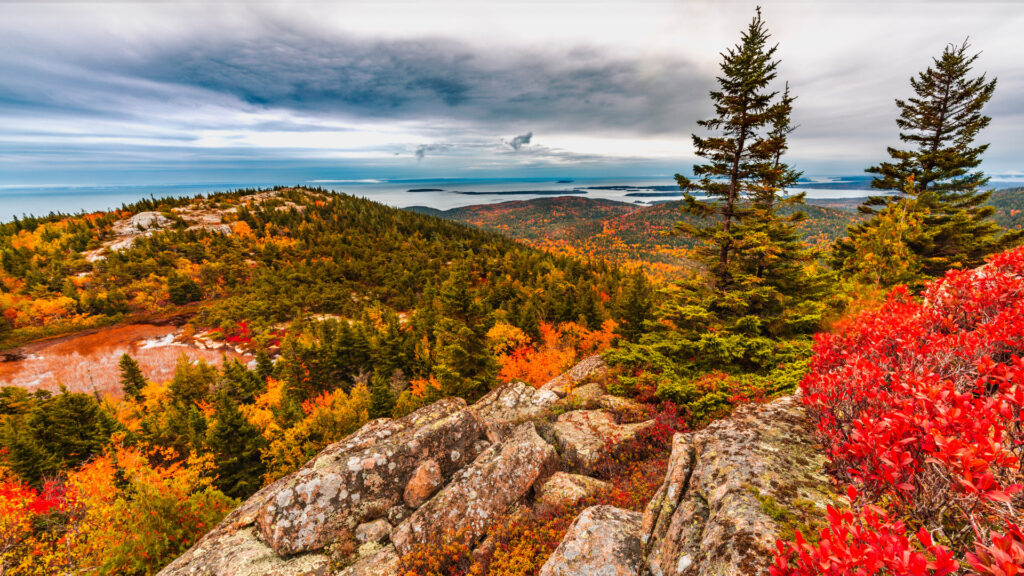 Cadillac Mountain in Acadia National Park in Maine glows in a mix of colorful fall foliage.