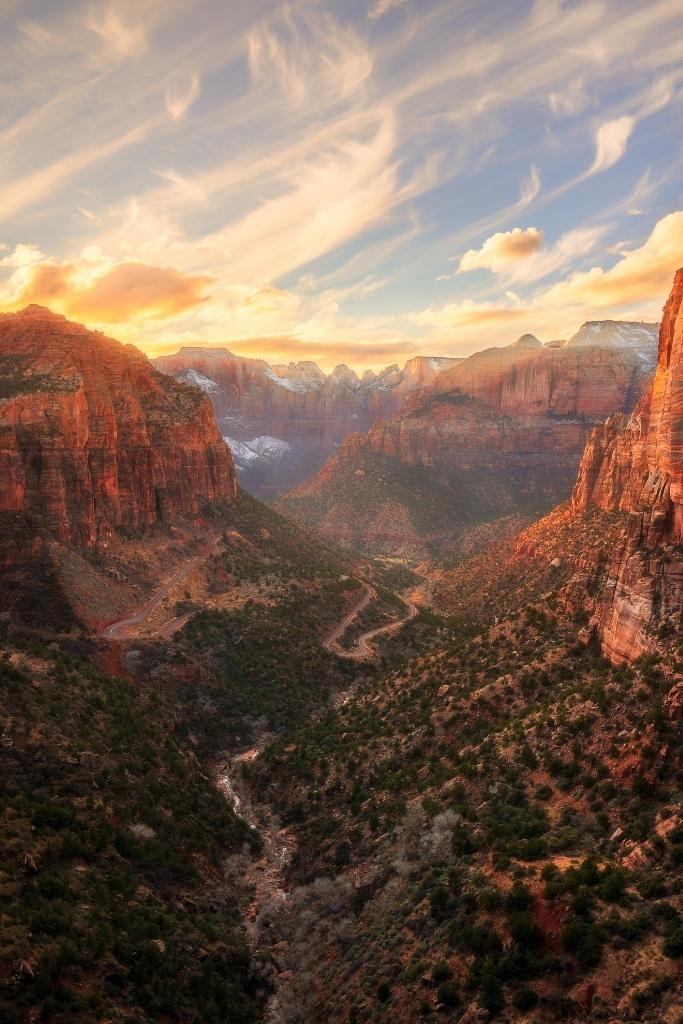 Sunrise over the rugged red canyons in Zion National Park in Springdale, UT