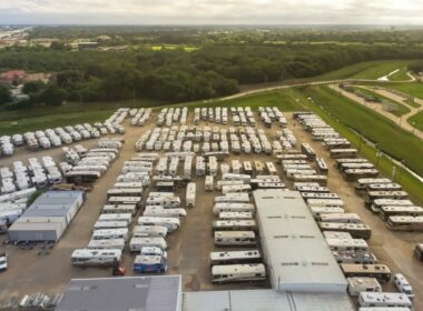 Aerial view of an RV dealership lot