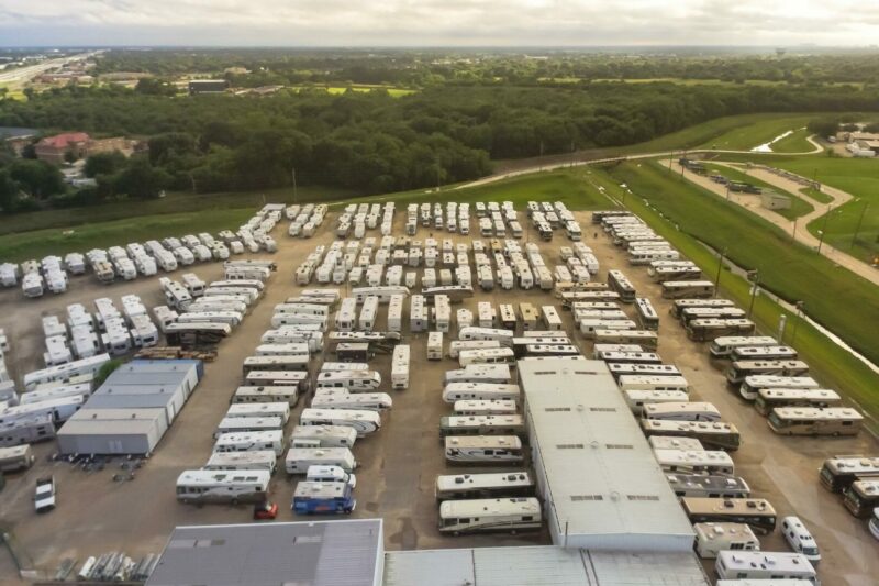 Aerial view of an RV dealership lot
