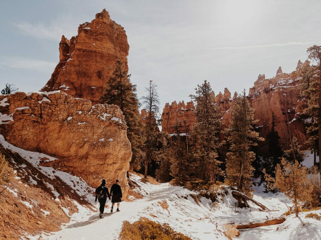 A winter hike along a trail in Bryce Canyon in Utah.