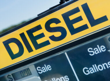 A diesel sign above the sale price on a fuel pump.