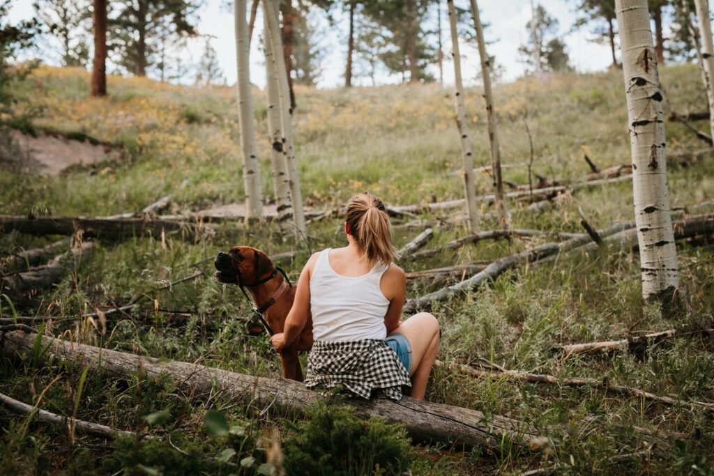 A woman sitting on a log outside with her dog using her dog camping gear to keep him on leash