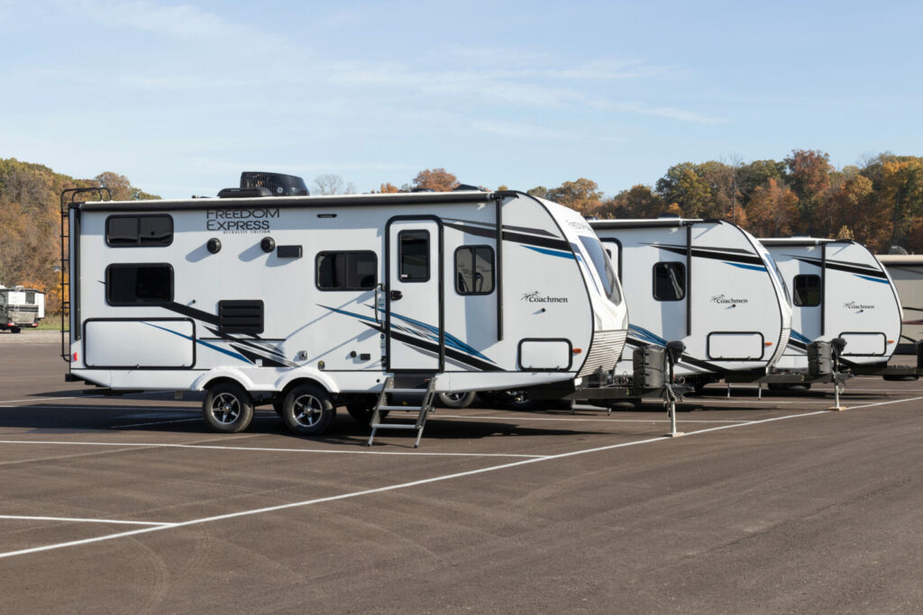 A row of travel trailers made by Coachmen RV 