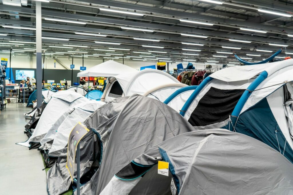 A display of tents at a camping store, something you could find at Gander RV.