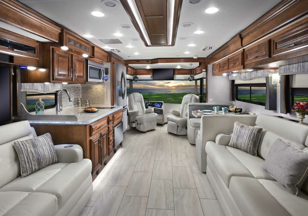 Interior shot of a Forest River RV Class A showing the living room and kitchen 