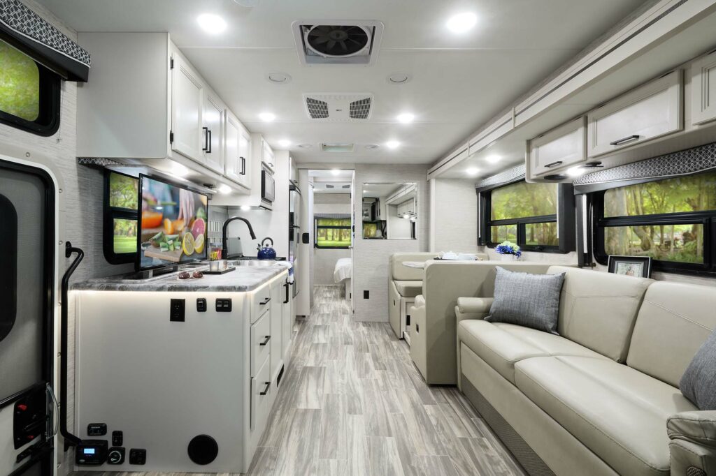 Interior picture of a white RV owned by Thor Industries