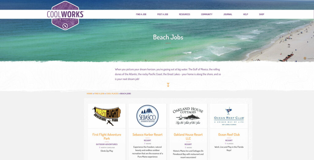 Image of Coolworks job listings for beach jobs