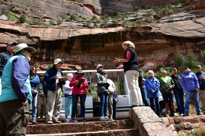 Tour guide who got the job from Coolworks as she explains the history of Zion National Park
