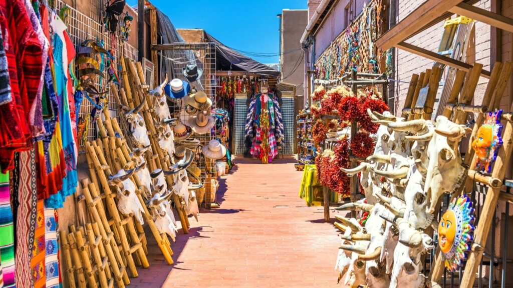 A street full of colorful Mexican decoration in Santa Fe, New Mexico