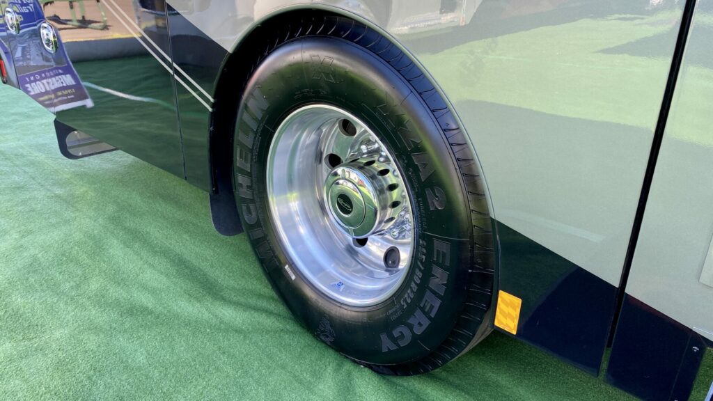 Michelin tires on a Class A at an RV show
