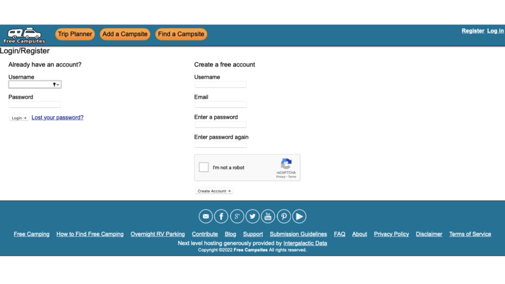 Login page for Freecampsites.net