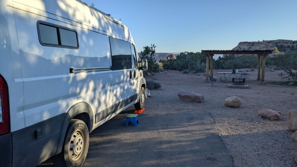 A Class B RV parked at the Island in the Sky campground. This is one of the best campgrounds moab utah. 