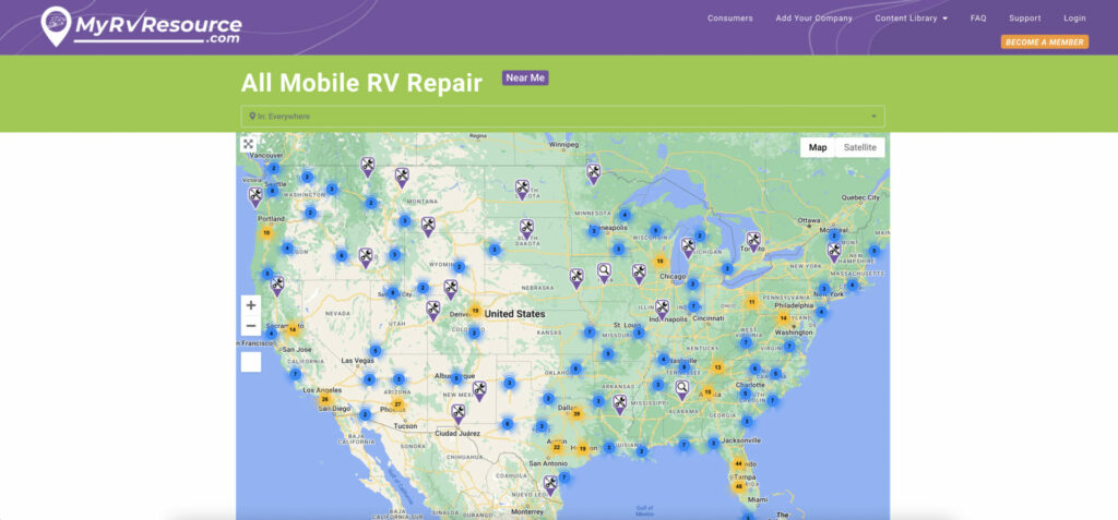 A screen shot of MyRVResource.com showing the different mobile RV services available throughout the US on a map 
