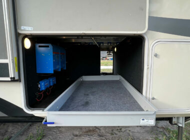 MorRyde Sliding tray installed in storage bay of fifth wheel