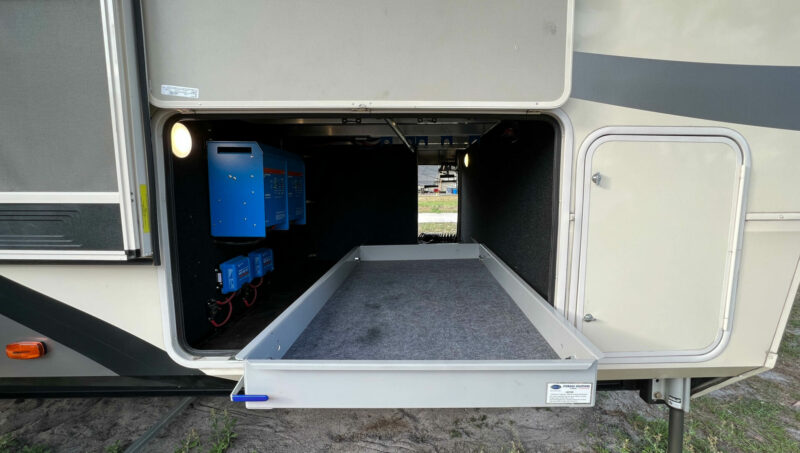 MorRyde Sliding tray installed in storage bay of fifth wheel
