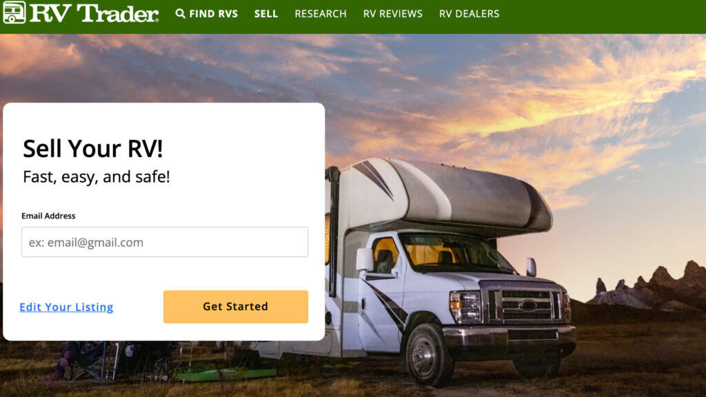 The homepage to RV Trader where you can sell your RV