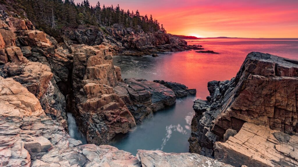 Acadia National Park at sunset with no crowds overlooking the ocean