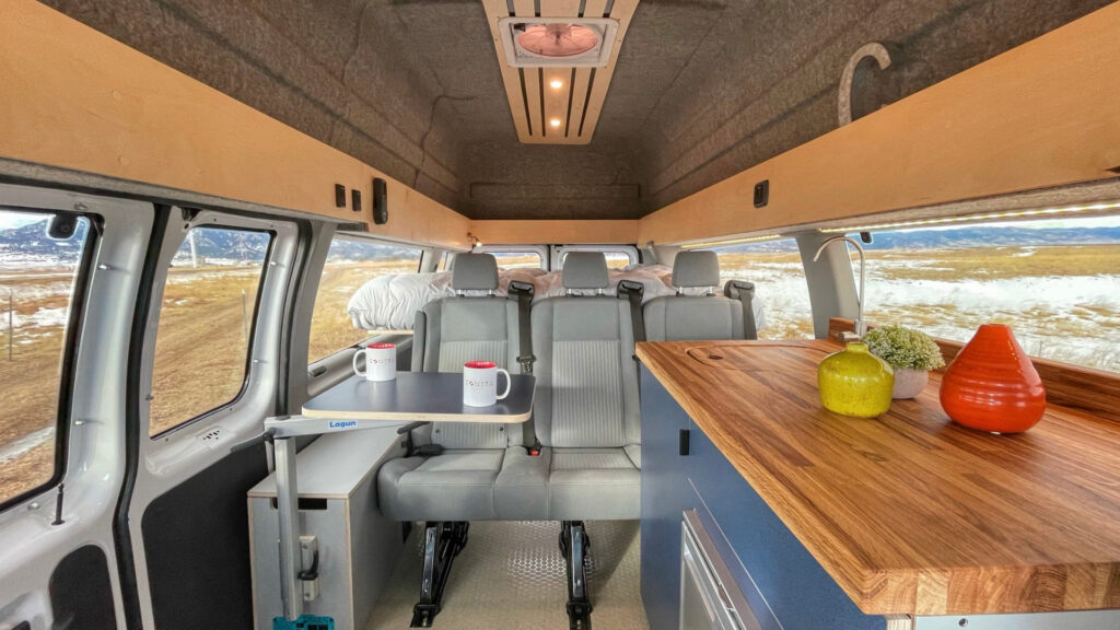 The kitchen area of a Ford Transit Connect camper