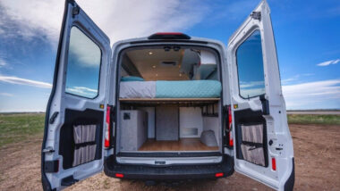 Inside a customized Ford Transit Connect camper