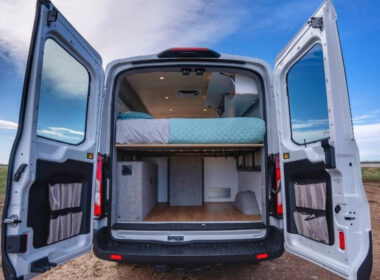 Inside a customized Ford Transit Connect camper