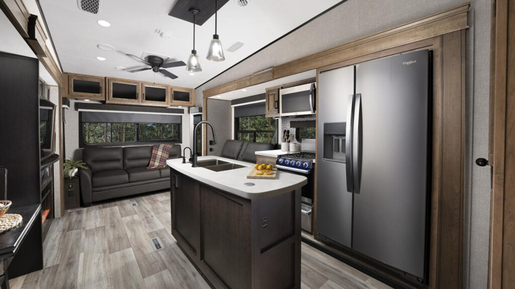 The kitchen area inside the Jayco Eagle Fifth Wheel 319MLOK, with one of the worst floorplans.