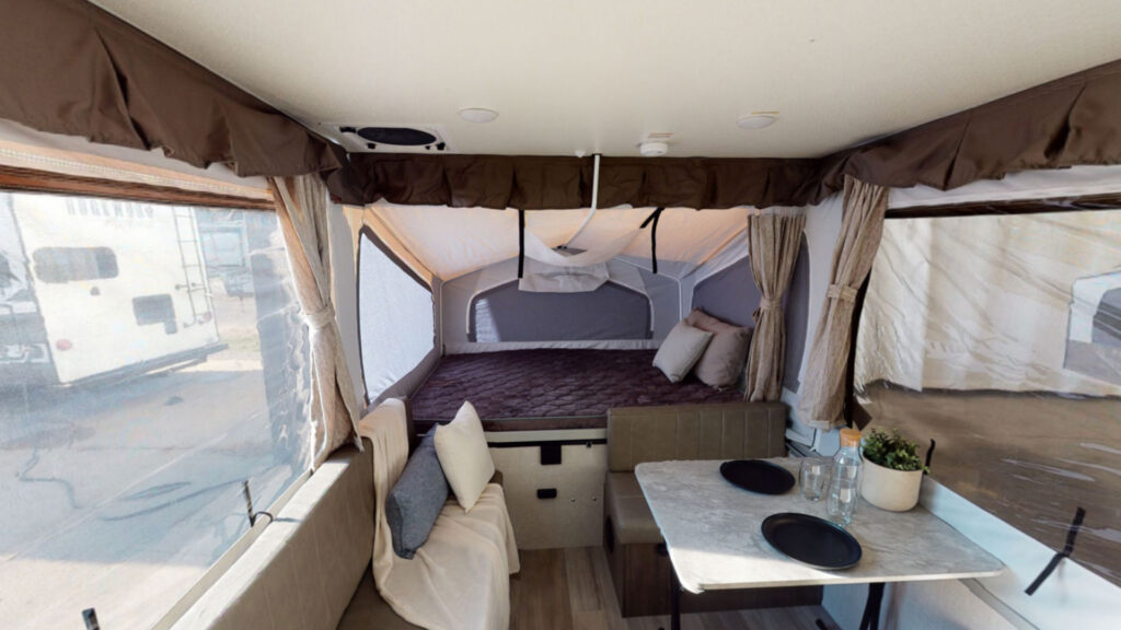 Inside the Forest River Rockwood Extreme 2280BHESP, one of the pop up campers with bathrooms