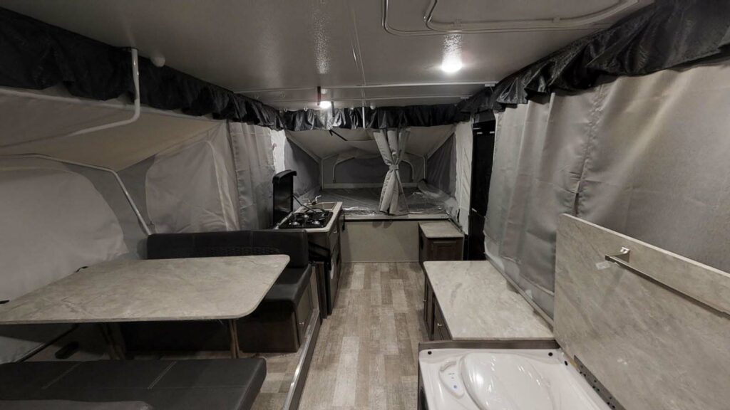 Inside view of a 2. Rockwood Extreme Sports Package 232ESP popup camper