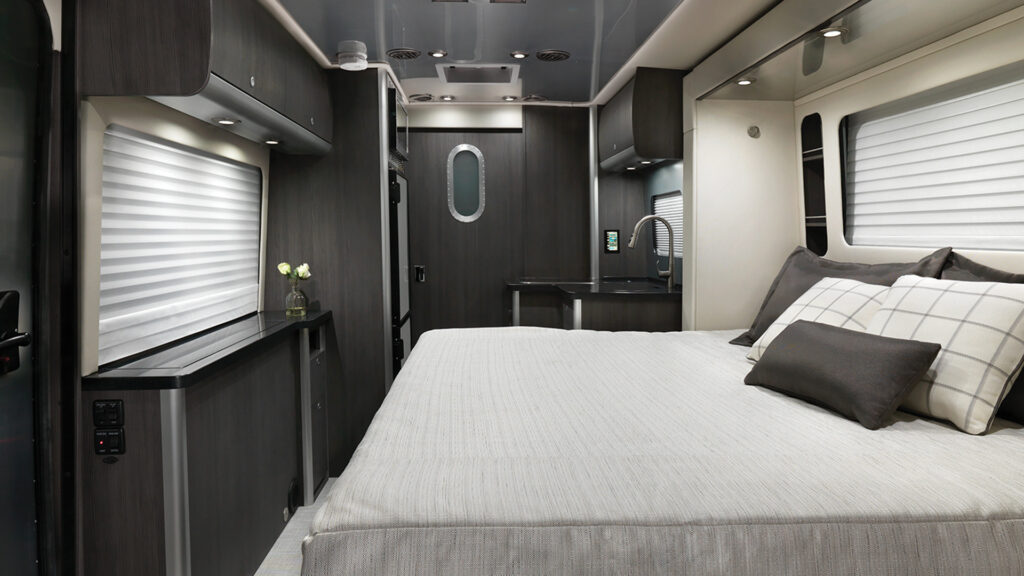 Inside the Airstream Atlas RV bedroom, showcasing the Murphy bed